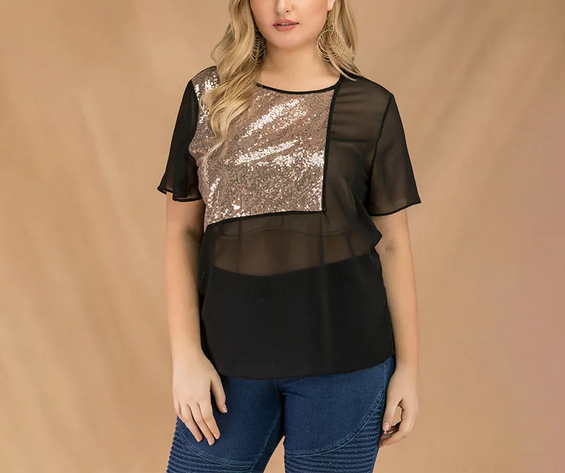 Plus Size Sequined Stitching Short-sleeved Chiffon T-shirt