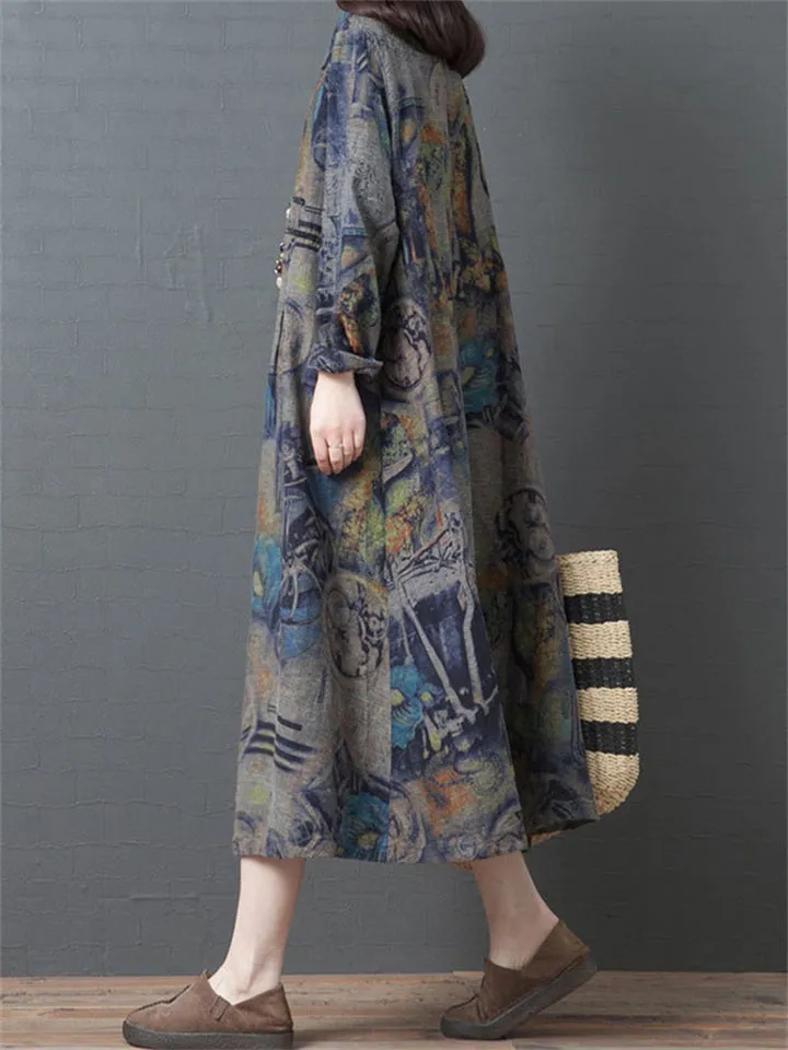 Plus Size Vintage Floral Loose Linen Dress