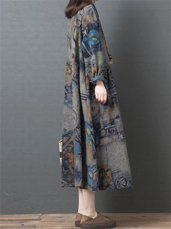 Plus Size Vintage Floral Loose Linen Dress