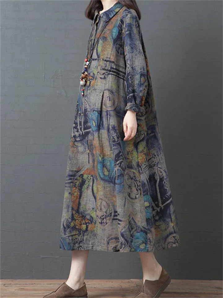 Plus Size Vintage Floral Loose Linen Dress