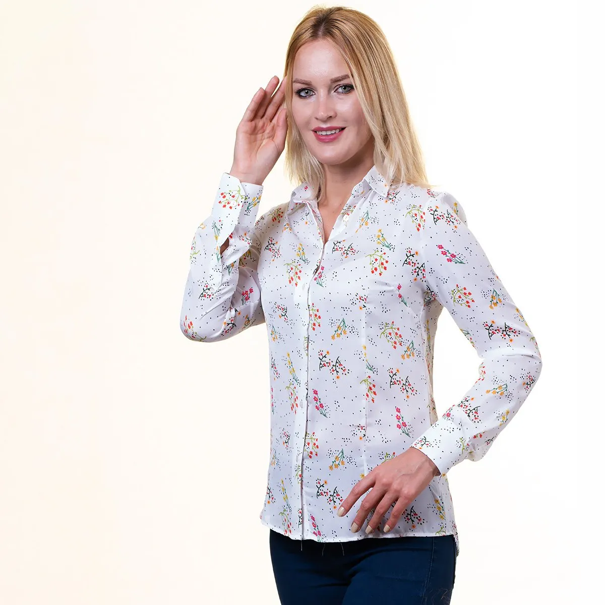 Plus Size Womens Slim-Fit Long Sleeve White Printed Button Down Collar Office Formal Casual Shirt