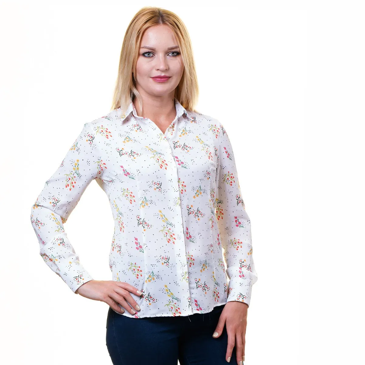 Plus Size Womens Slim-Fit Long Sleeve White Printed Button Down Collar Office Formal Casual Shirt