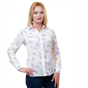 Plus Size Womens Slim-Fit Long Sleeve White Printed Button Down Collar Office Formal Casual Shirt
