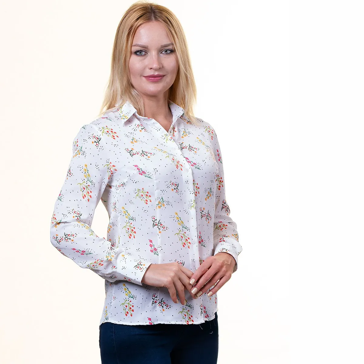 Plus Size Womens Slim-Fit Long Sleeve White Printed Button Down Collar Office Formal Casual Shirt
