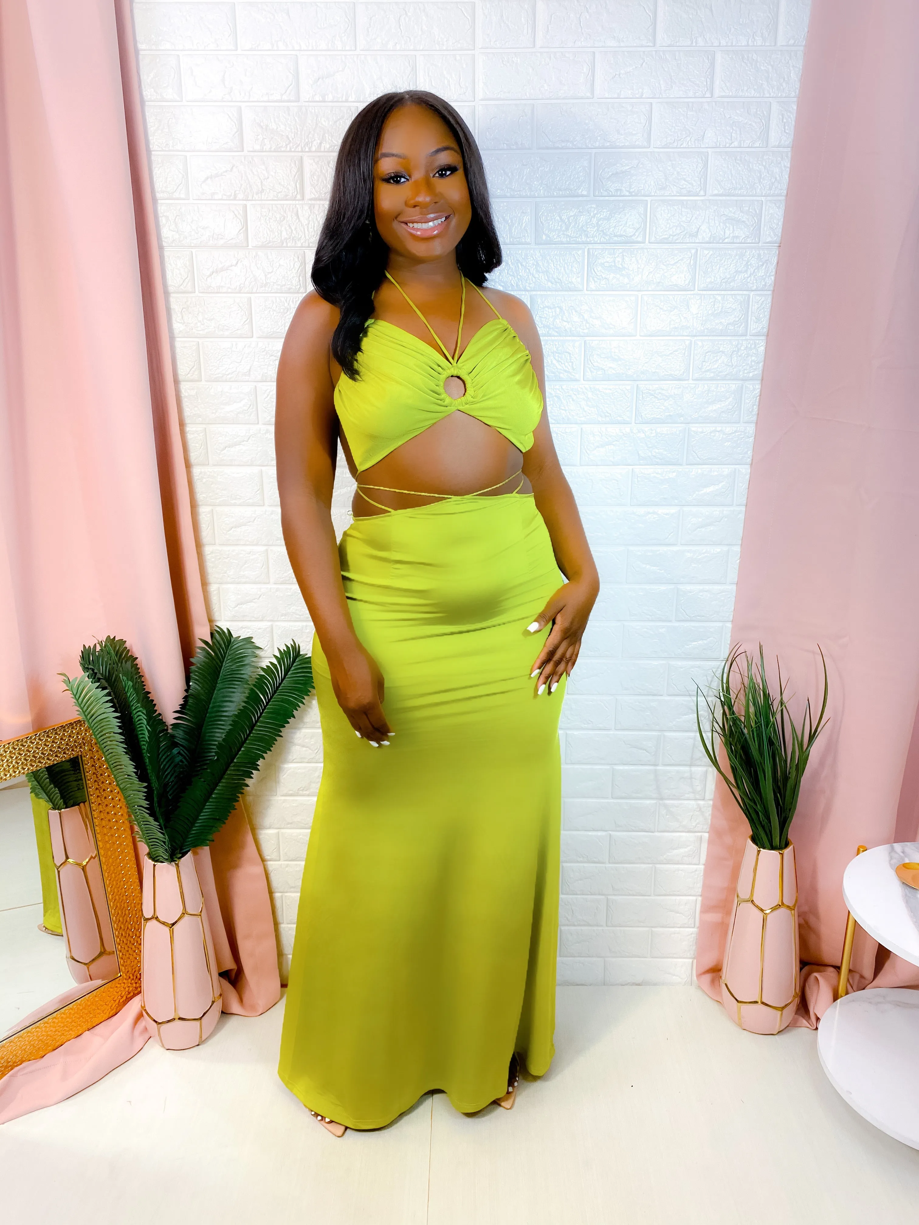PRIVATE LOCATION LACE UP MAXI SKIRT SET (LIME)