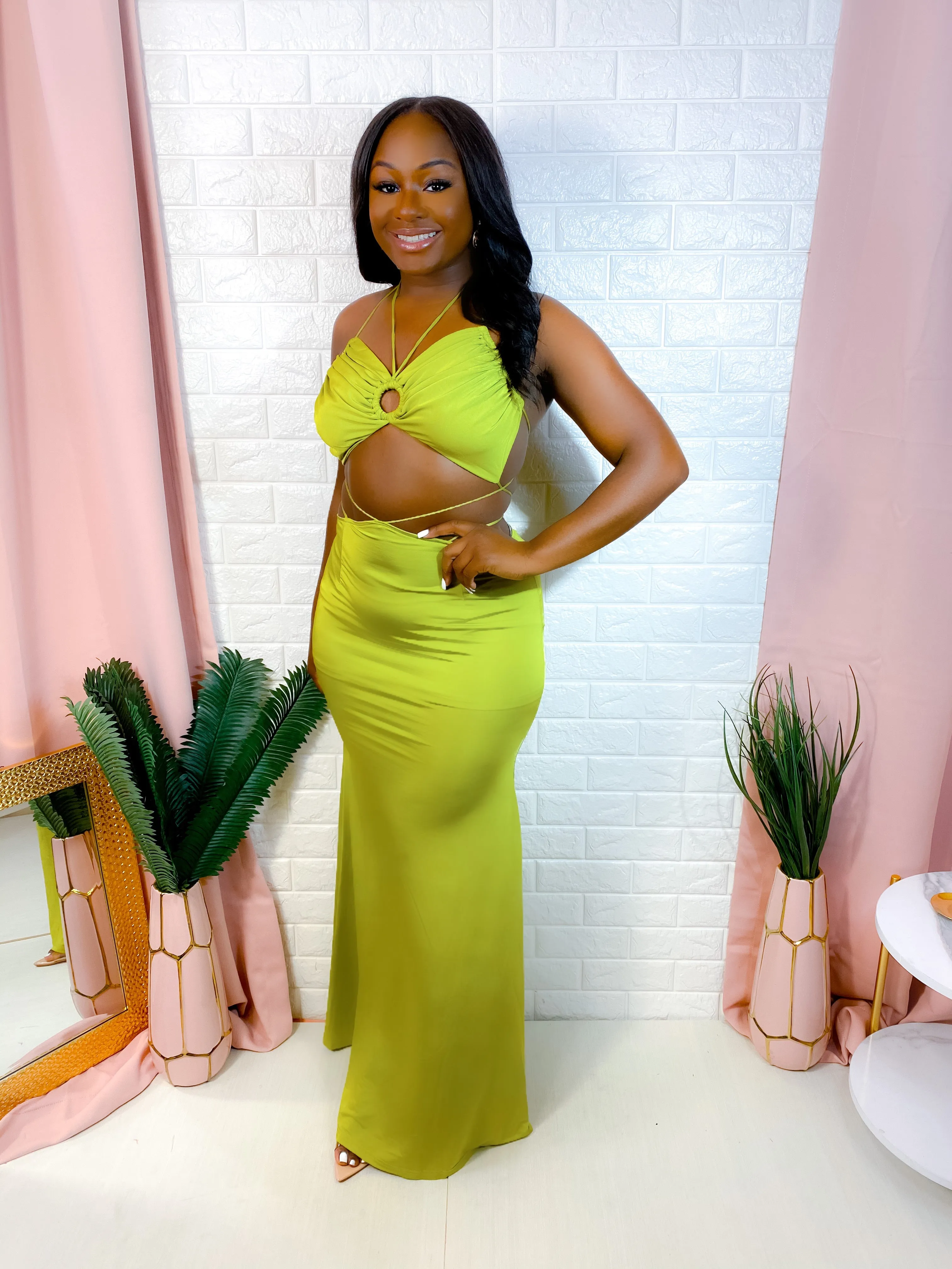 PRIVATE LOCATION LACE UP MAXI SKIRT SET (LIME)