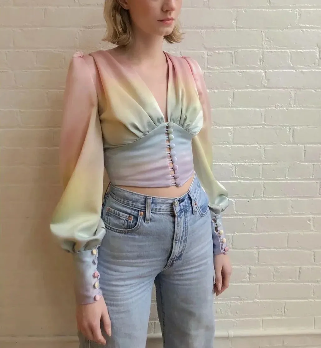 Rainbow Multicolor Gradient V-neck Single-breasted Lantern Sleeve Crop Tops