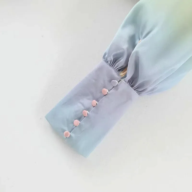 Rainbow Multicolor Gradient V-neck Single-breasted Lantern Sleeve Crop Tops