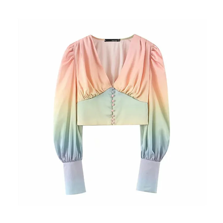 Rainbow Multicolor Gradient V-neck Single-breasted Lantern Sleeve Crop Tops