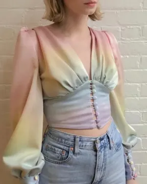 Rainbow Multicolor Gradient V-neck Single-breasted Lantern Sleeve Crop Tops