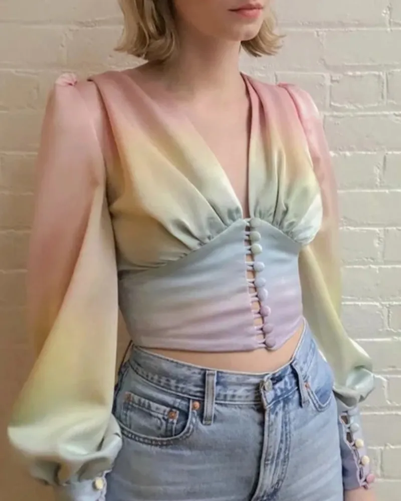 Rainbow Multicolor Gradient V-neck Single-breasted Lantern Sleeve Crop Tops