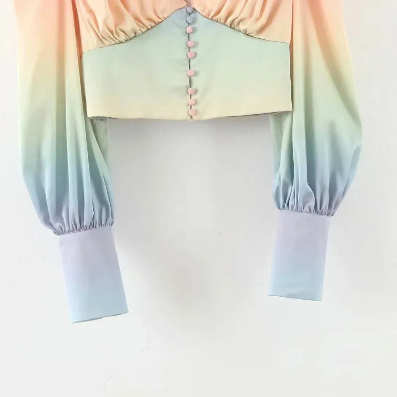 Rainbow Multicolor Gradient V-neck Single-breasted Lantern Sleeve Crop Tops