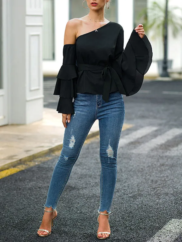 Ruffled Petals Long Sleeve Skewed Strap Waist Fashion Joker Chiffon Shirt