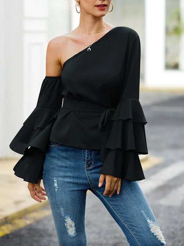 Ruffled Petals Long Sleeve Skewed Strap Waist Fashion Joker Chiffon Shirt