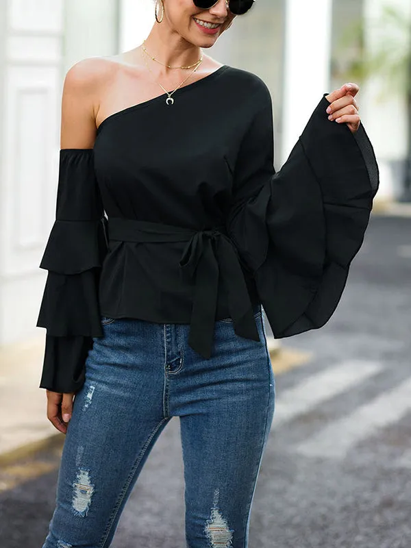Ruffled Petals Long Sleeve Skewed Strap Waist Fashion Joker Chiffon Shirt