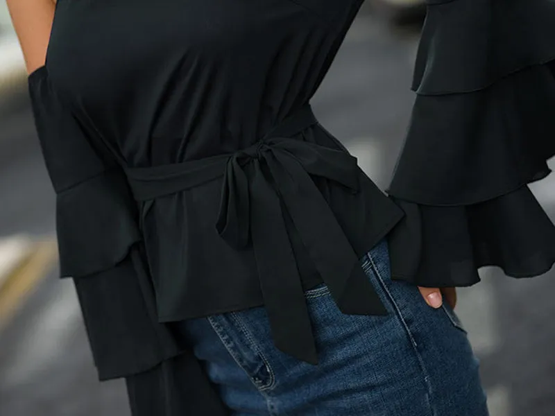 Ruffled Petals Long Sleeve Skewed Strap Waist Fashion Joker Chiffon Shirt