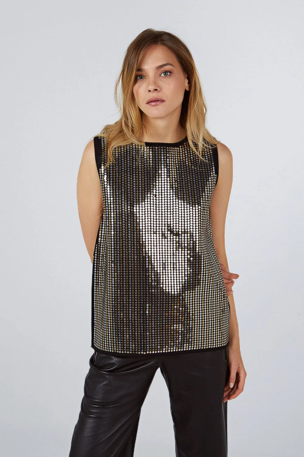 SEQUINED TRICOT TOP BLACK