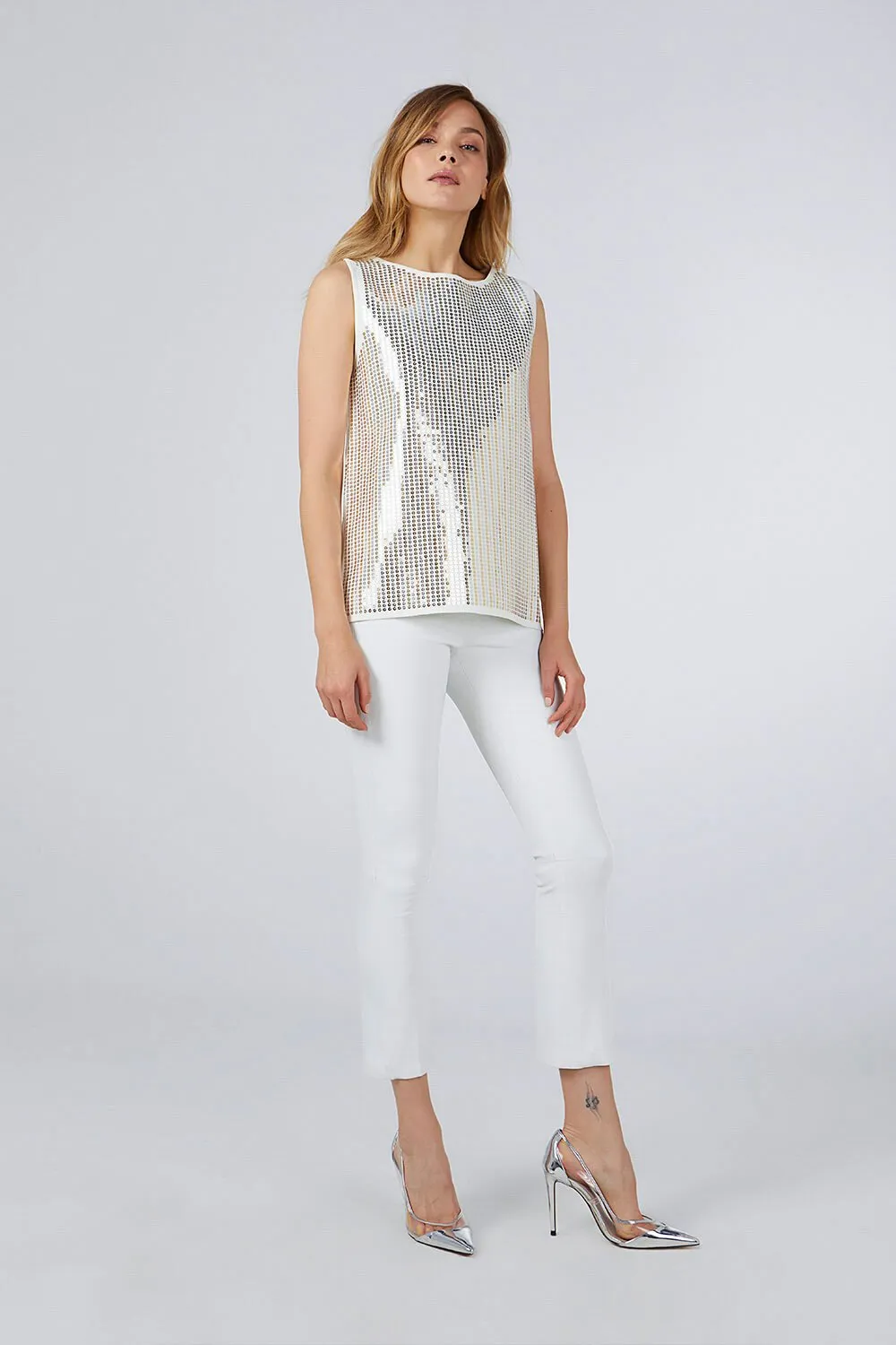 SEQUINED TRICOT TOP WHITE