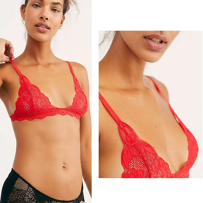 Sexy Lace Triangle Cup Bra Wireless Mesh Deep V Women's Bra Soft And Breathable