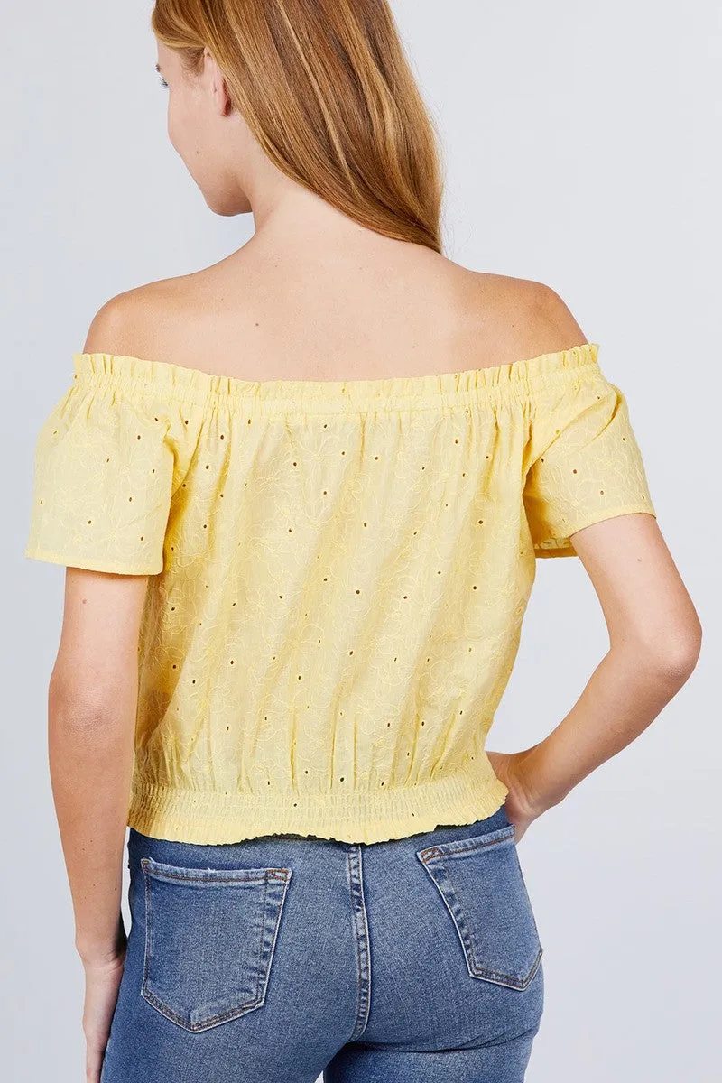 Short Sleeve Off The Shoulder Front Tie Eyelet Lace Woven Top