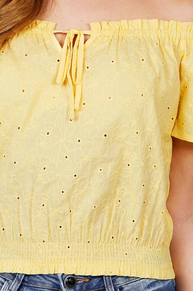 Short Sleeve Off The Shoulder Front Tie Eyelet Lace Woven Top