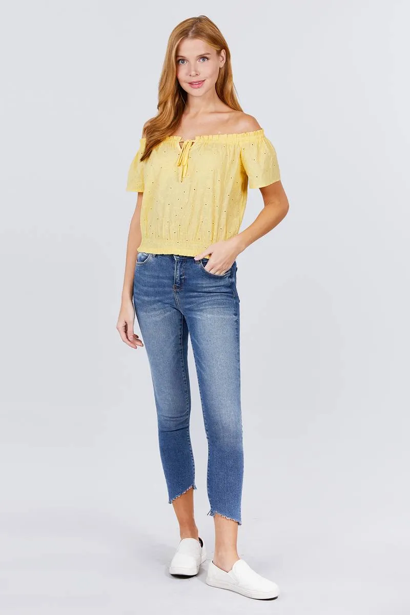 Short Sleeve Off The Shoulder Front Tie Eyelet Lace Woven Top