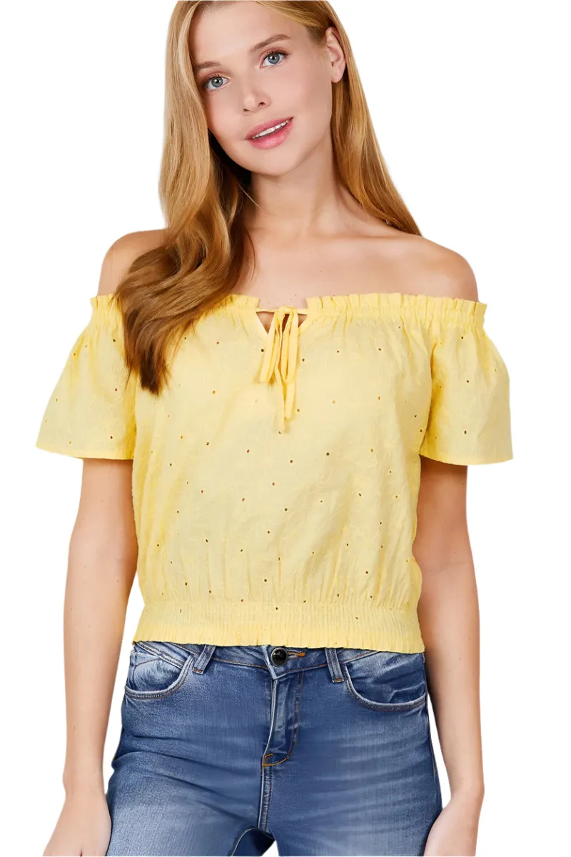 Short Sleeve Off The Shoulder Front Tie Eyelet Lace Woven Top
