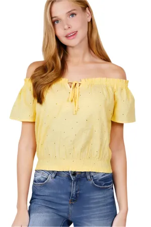 Short Sleeve Off The Shoulder Front Tie Eyelet Lace Woven Top