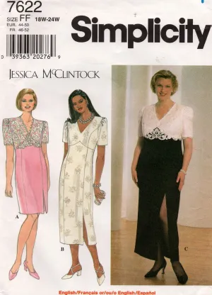 Simplicity 7622 JESSICA McCLINTOCK Womens Empire Waisted Dress 1990s Vintage Sewing Pattern Sizes 18W - 24W UNCUT Factory Folded