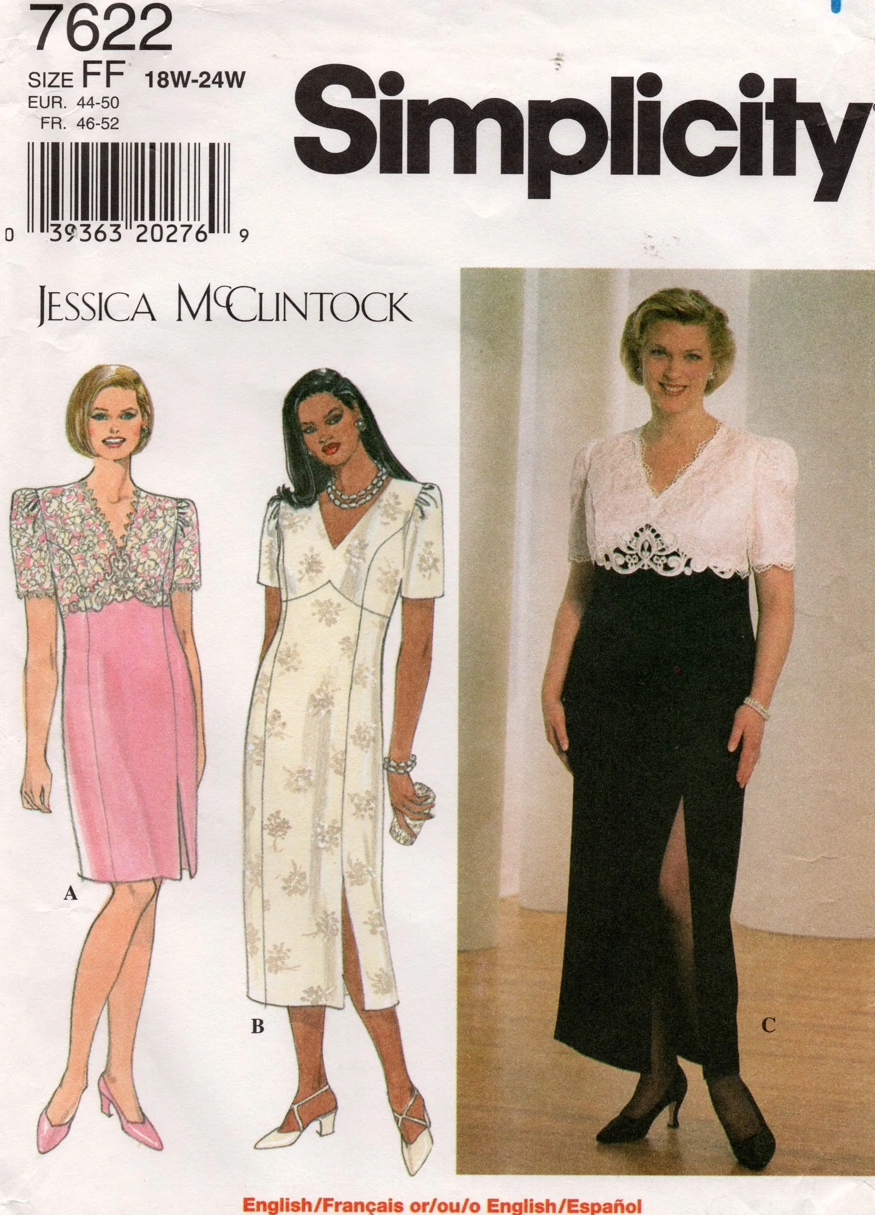 Simplicity 7622 JESSICA McCLINTOCK Womens Empire Waisted Dress 1990s Vintage Sewing Pattern Sizes 18W - 24W UNCUT Factory Folded