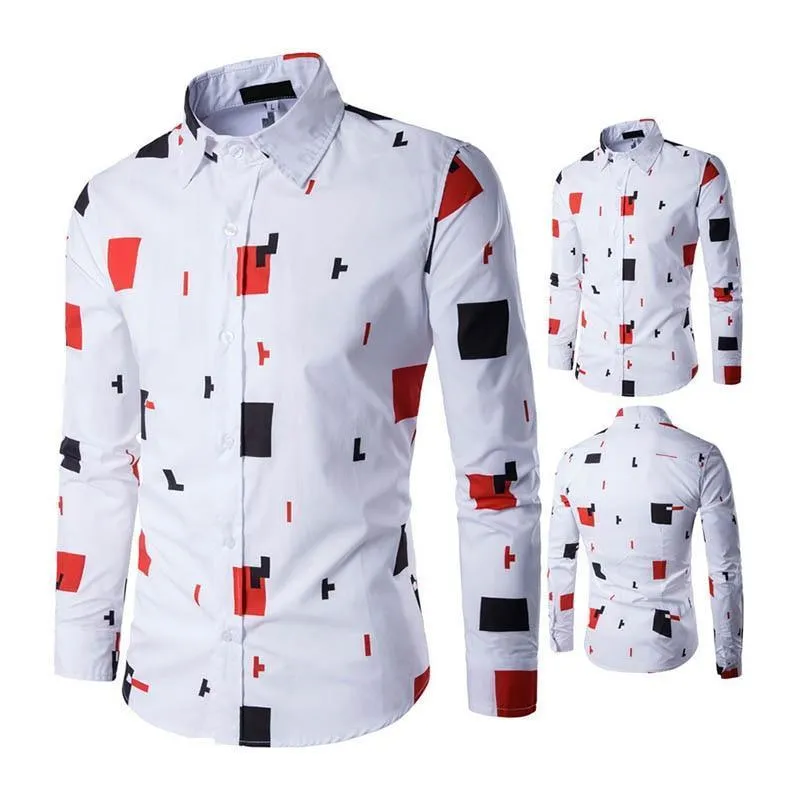Slim Fitting Long Sleeve Geometric Print Casual Shirt