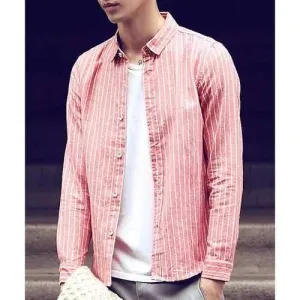 Slimming Turn-down Collar Color Block Cotton Linen Long Sleeves Men's Striped Shirt - Red Xl