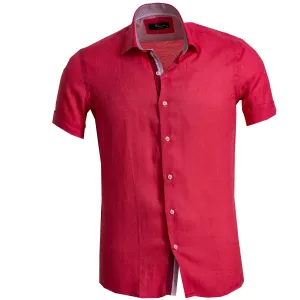 Solid Bright Red Mens Short Sleeve Button up Shirts - Tailored Slim Fit Cotton Dress Shirts