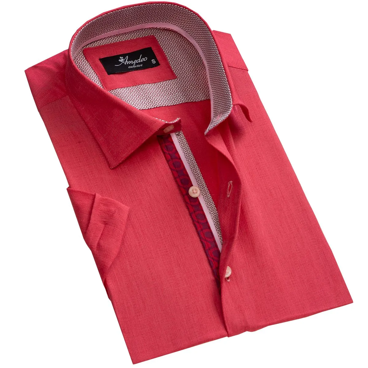 Solid Bright Red Mens Short Sleeve Button up Shirts - Tailored Slim Fit Cotton Dress Shirts