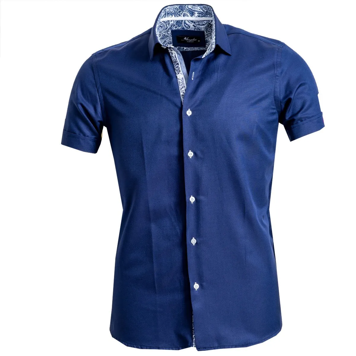 Solid Navy Blue Mens Short Sleeve Button up Shirts - Tailored Slim Fit Cotton Dress Shirts