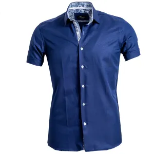 Solid Navy Blue Mens Short Sleeve Button up Shirts - Tailored Slim Fit Cotton Dress Shirts