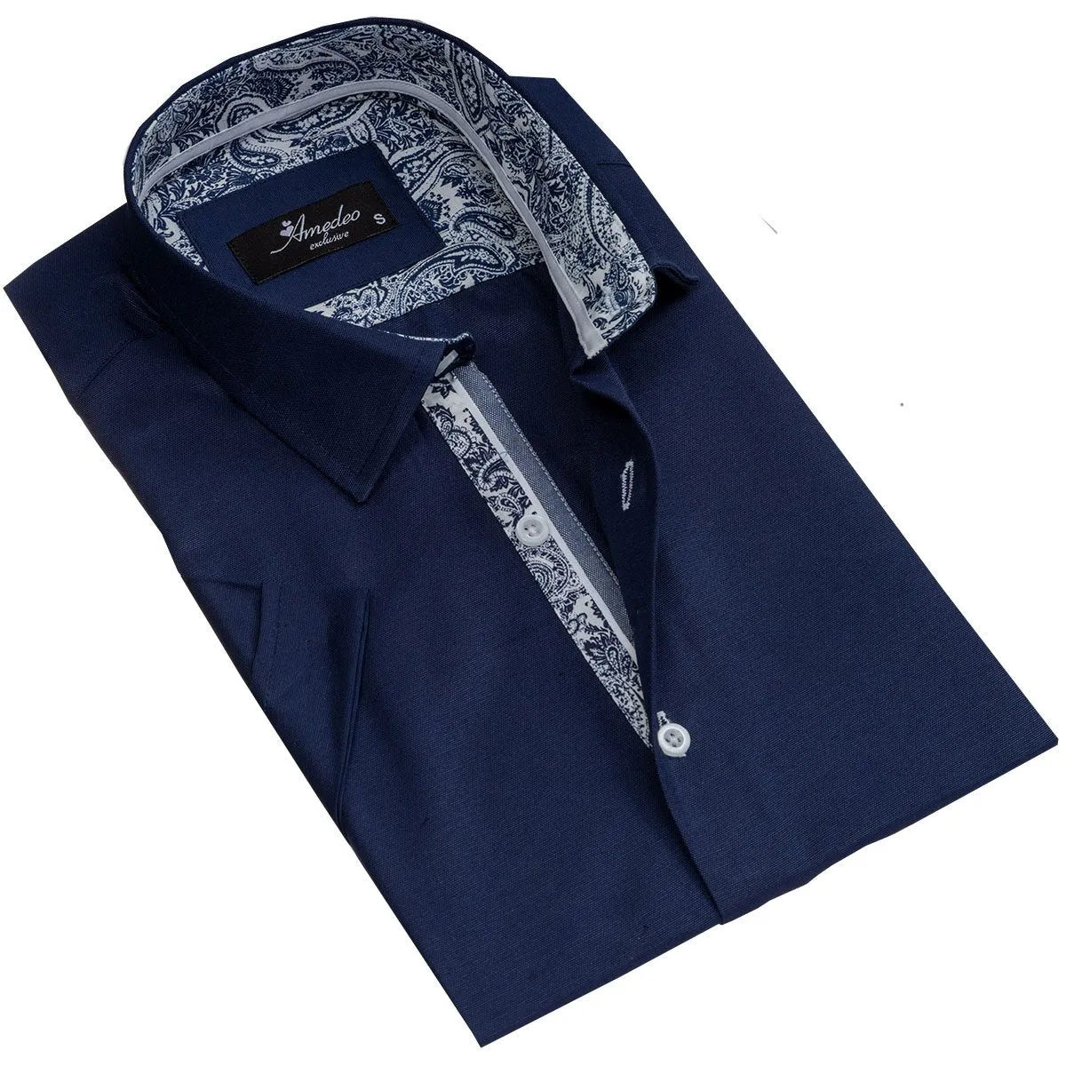 Solid Navy Blue Mens Short Sleeve Button up Shirts - Tailored Slim Fit Cotton Dress Shirts