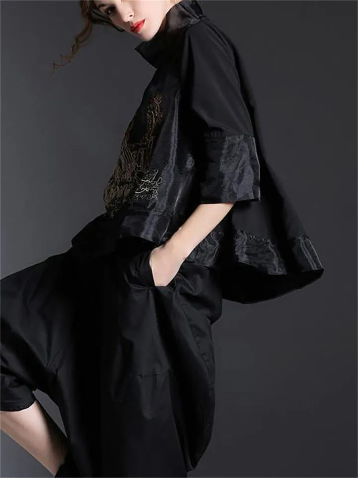 Stand Collar Loose Embroidery Chiffon Shirts