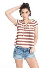 Stripe Jersey Rib Front Lace-Up Top