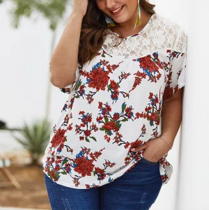 Summer New Lace Stitching Print Top Chiffon Shirt