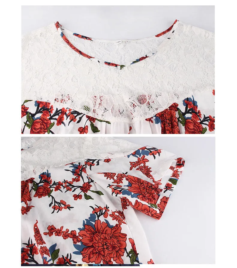 Summer New Lace Stitching Print Top Chiffon Shirt