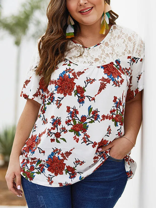 Summer New Lace Stitching Print Top Chiffon Shirt