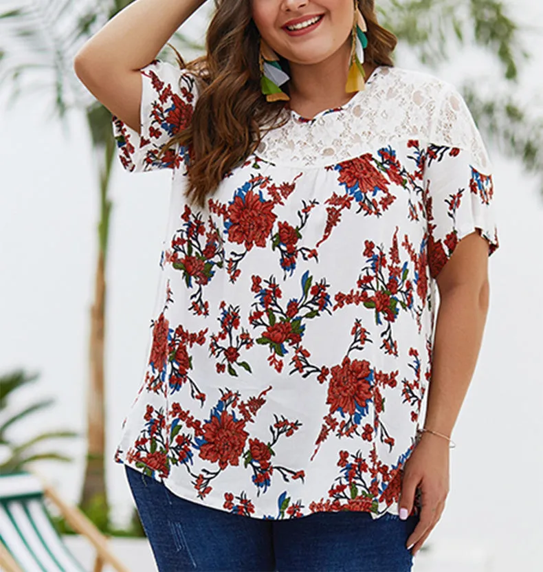 Summer New Lace Stitching Print Top Chiffon Shirt