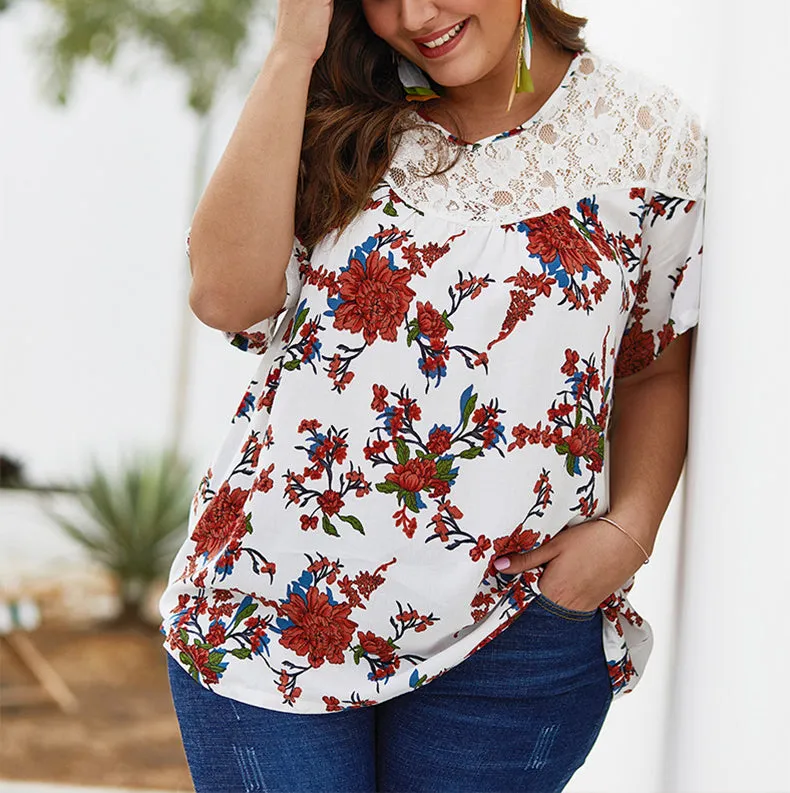 Summer New Lace Stitching Print Top Chiffon Shirt