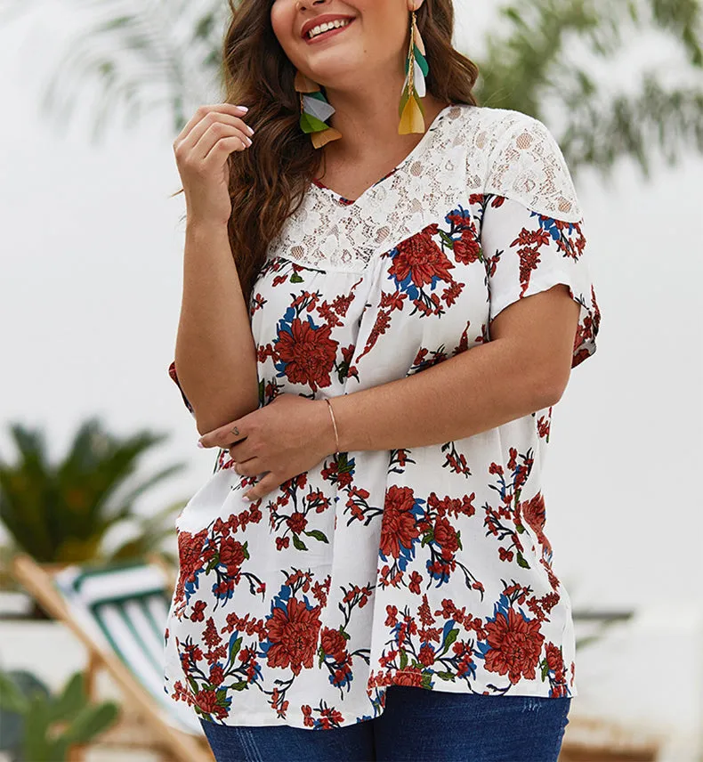 Summer New Lace Stitching Print Top Chiffon Shirt