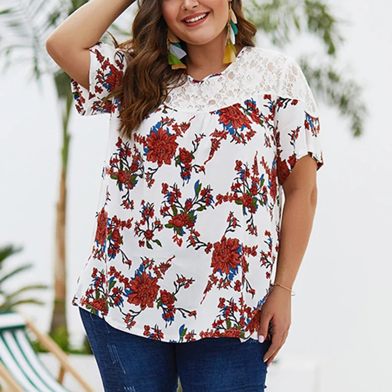 Summer New Lace Stitching Print Top Chiffon Shirt