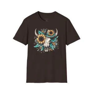 Sunflower, Skull, Turquoise, Longhorn Skull, Softstyle T-Shirt
