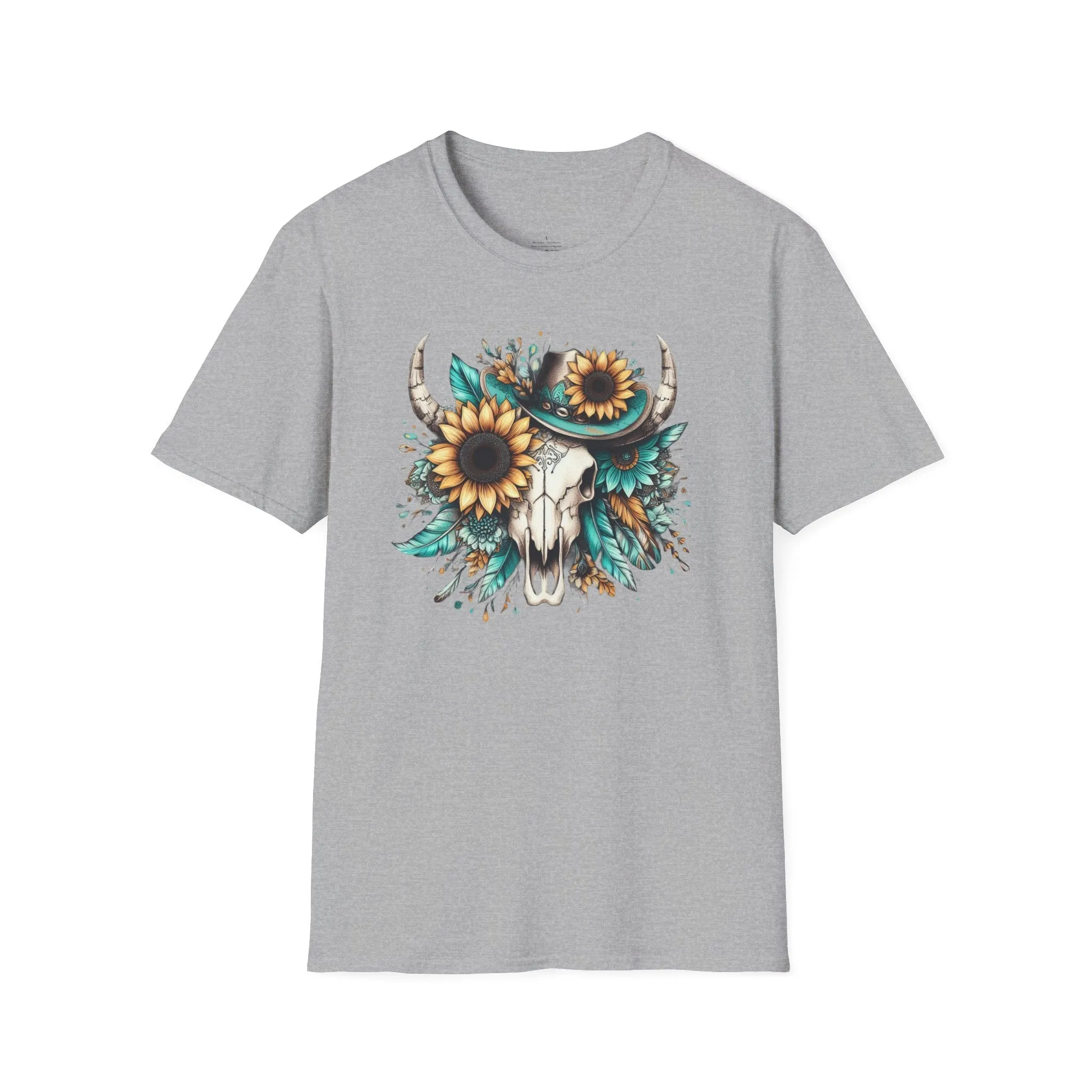 Sunflower, Skull, Turquoise, Longhorn Skull, Softstyle T-Shirt