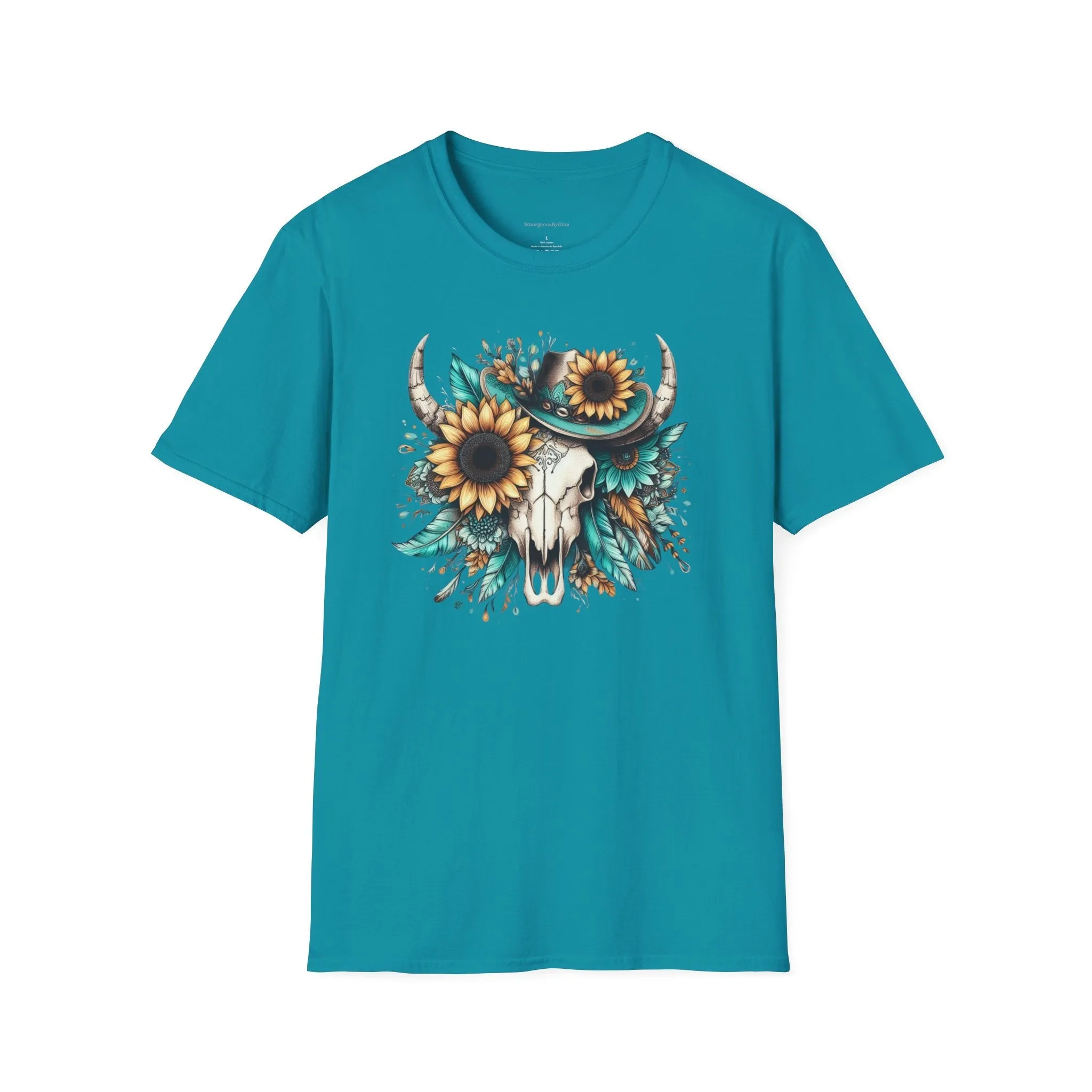 Sunflower, Skull, Turquoise, Longhorn Skull, Softstyle T-Shirt