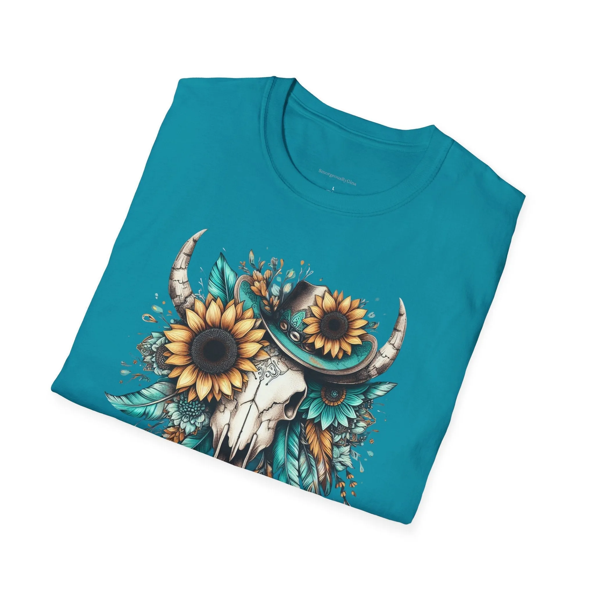 Sunflower, Skull, Turquoise, Longhorn Skull, Softstyle T-Shirt